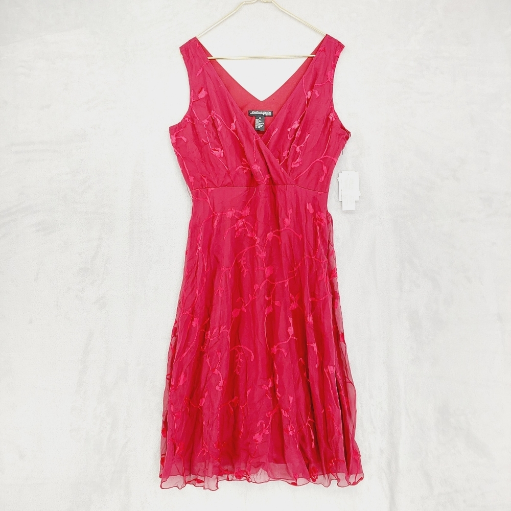 NEW Jonathan Martin Silk Blend Pink Floral V Neck Midi Dress P4389